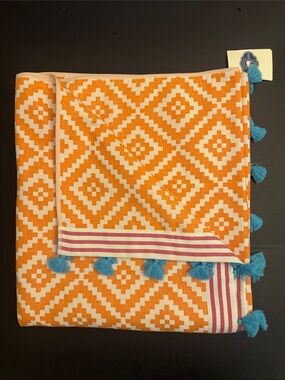 John Robshaw ALABAT HAMMAM/CORAL 100% Cotton Loop Beach Towel With Tassel Hem